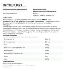 Lebensmittelinformationen: Ferrero Raffaello 15er 150g