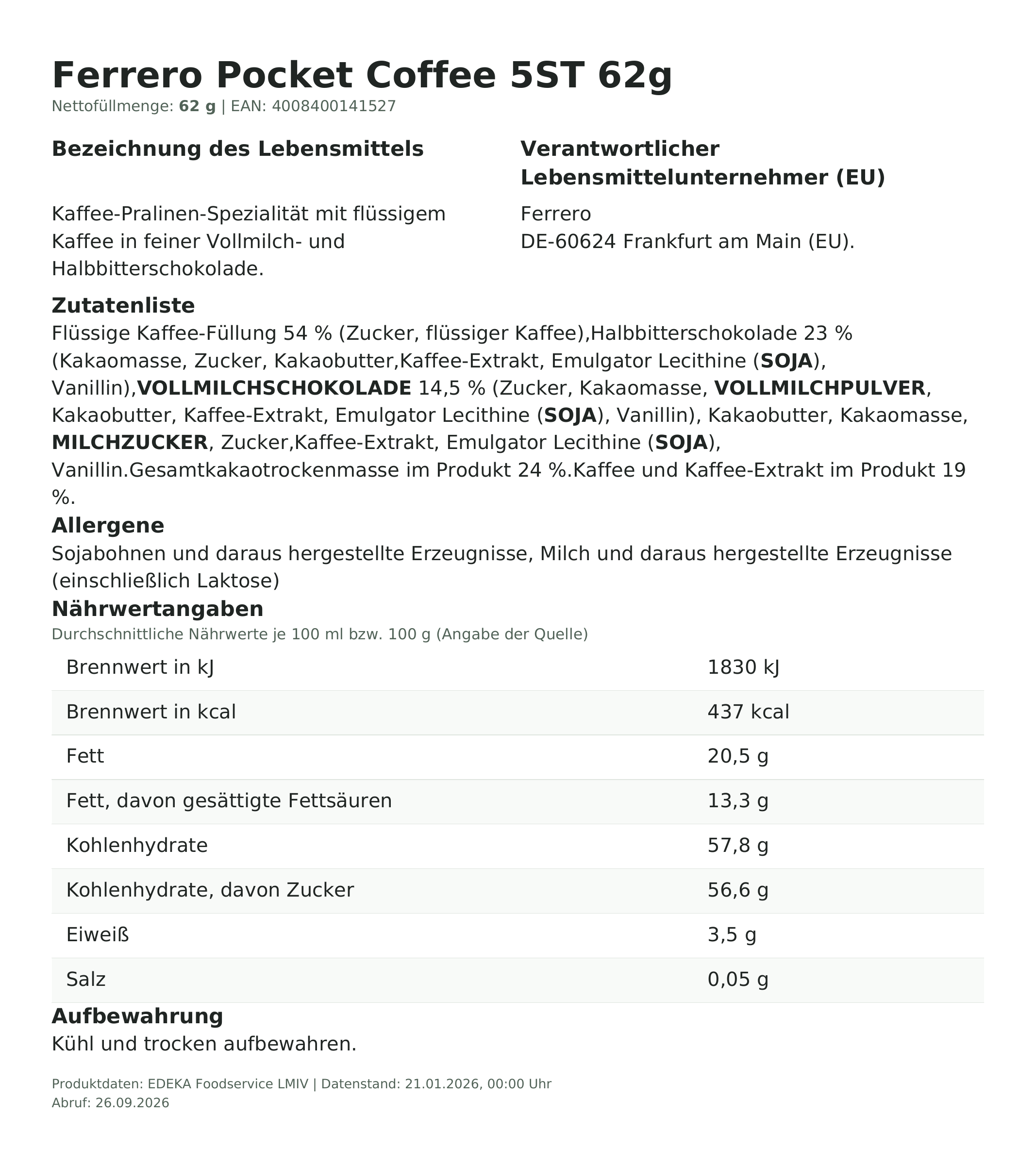 Lebensmittelinformationen: Ferrero Pocket Coffee 5er 62g