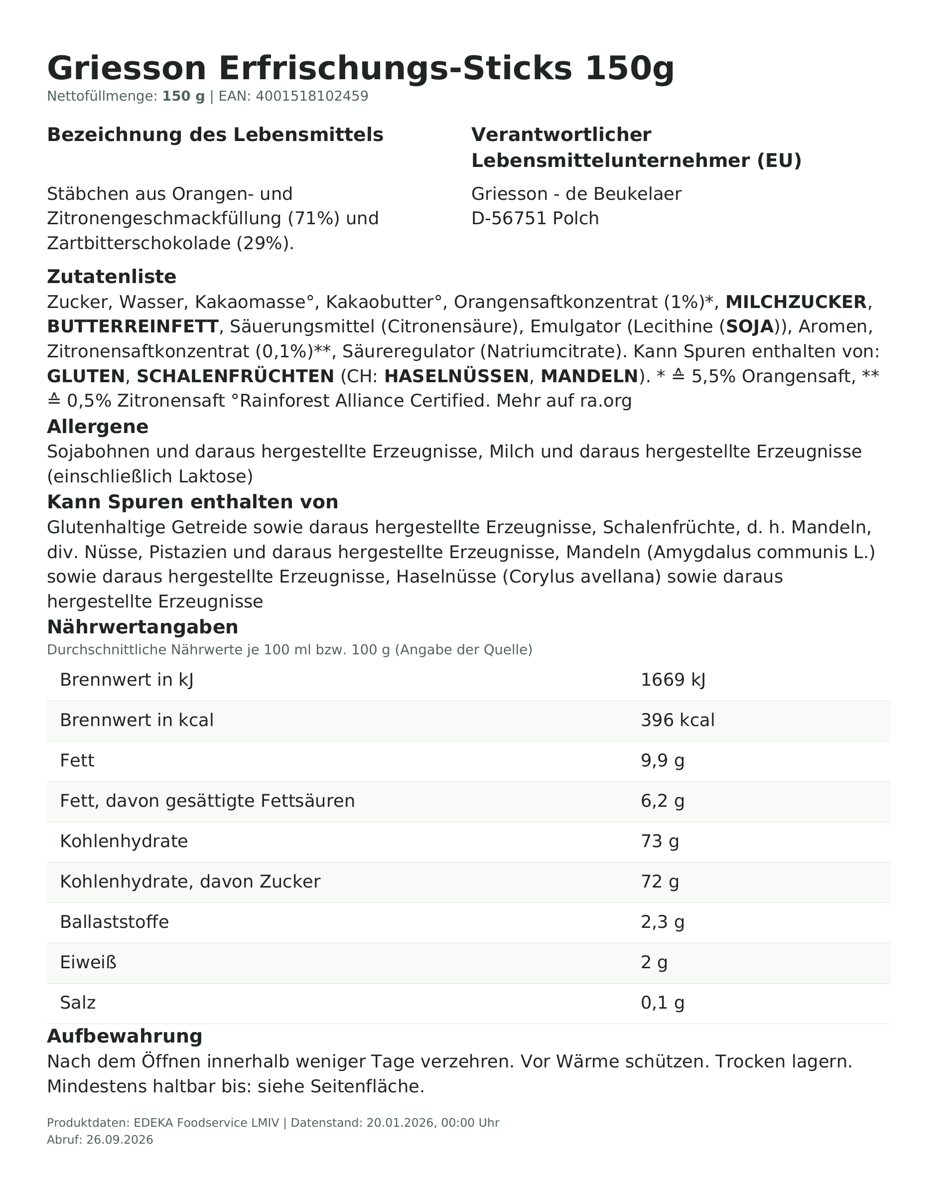 Produktinformationen – Griesson Erfrischungs-Sticks 150g