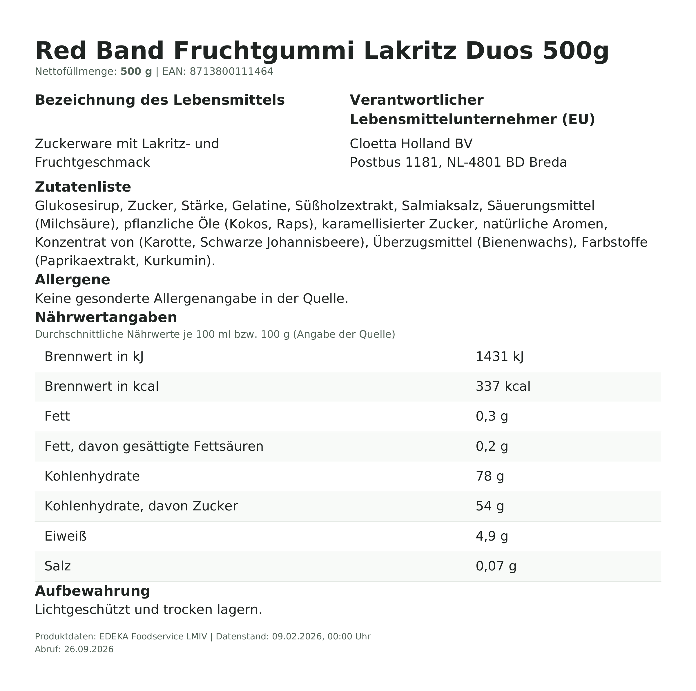 Lebensmittelinformationen: Red Band Fruchtgummi Lakritz Duos 500g