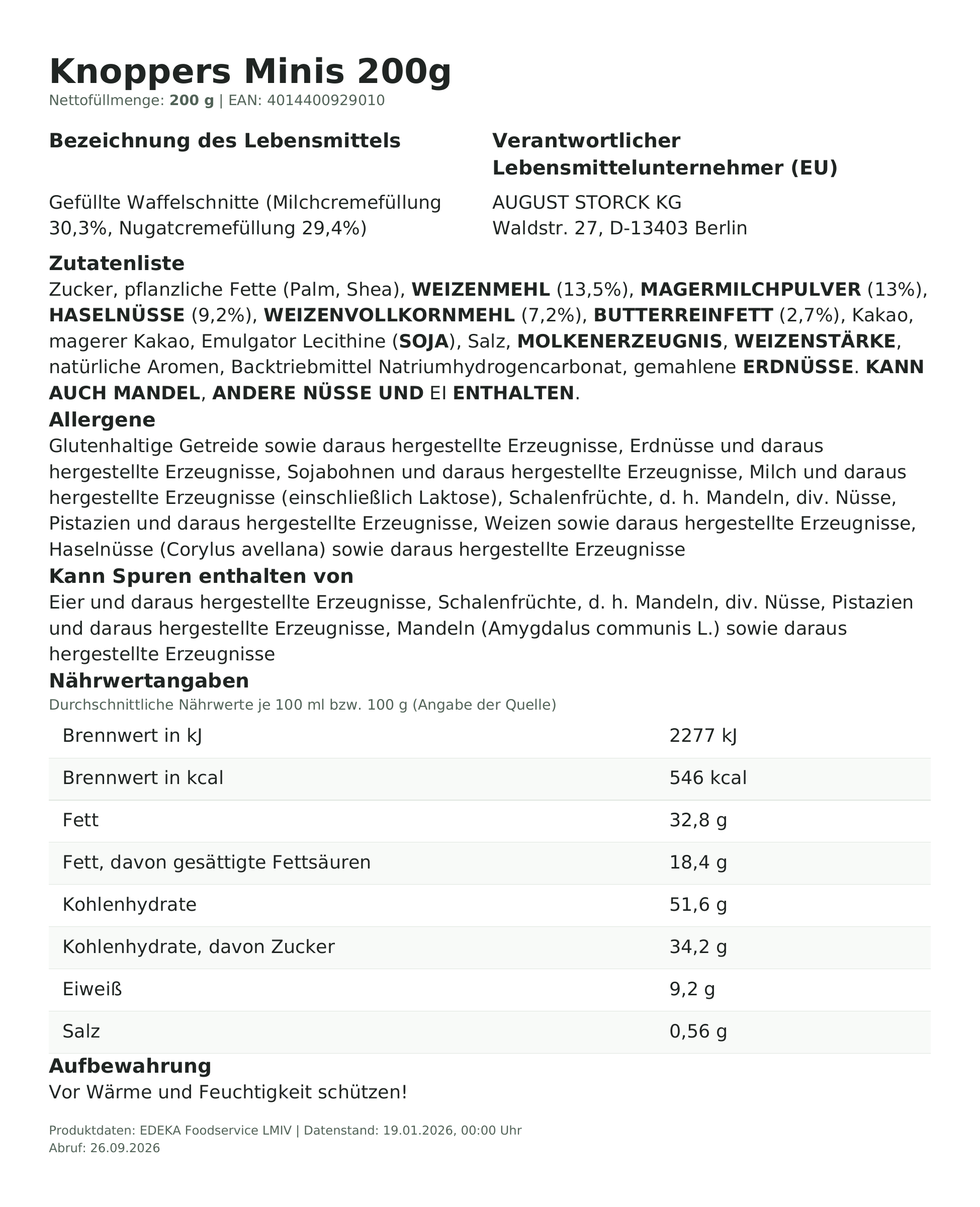Lebensmittelinformationen: Knoppers Minis 200g