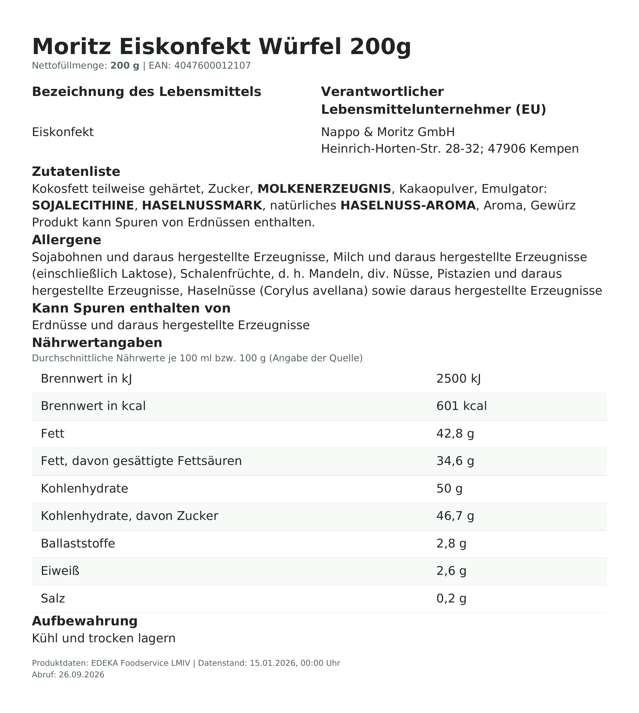 Lebensmittelinformationen: Moritz Eiskonfekt Würfel 200g