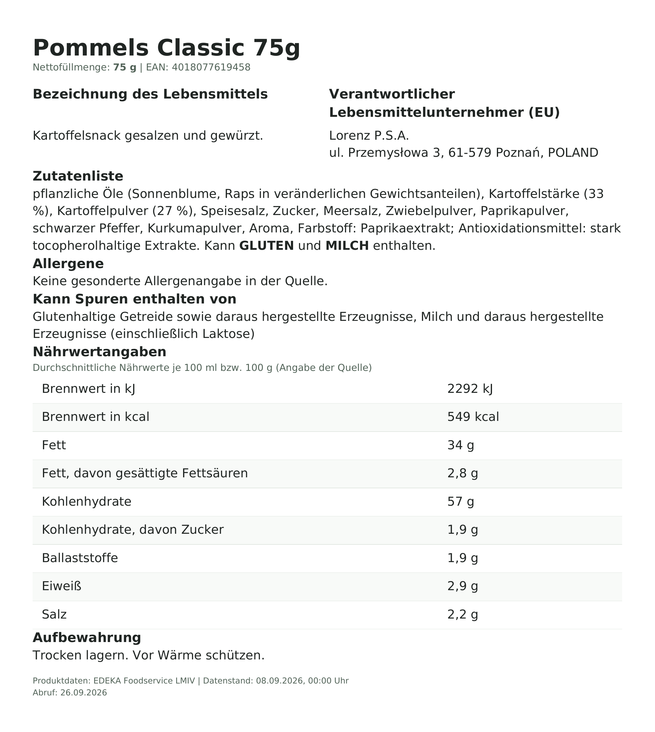 Lebensmittelinformationen: Lorenz Pommels Snack Original 75g