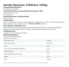 Produktinformationen – Haribo Bananas 150Stück 1050g