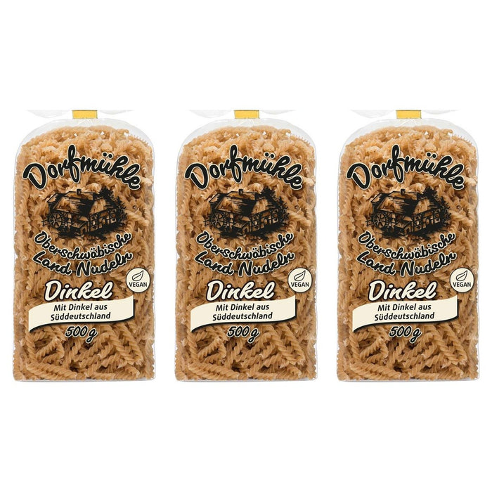 Dorfmühle oberschwäbische Land-Nudeln Dinkel Spiralen Nudeln – 3 x 500 g (1500 g)