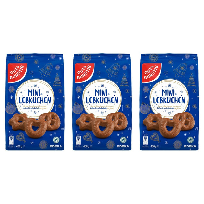 GUT&GÜNSTIG Mini Schokoladen Lebkuchen Herzen Sterne Brezel Vollmilch – 3 x 400 g (1200 g)