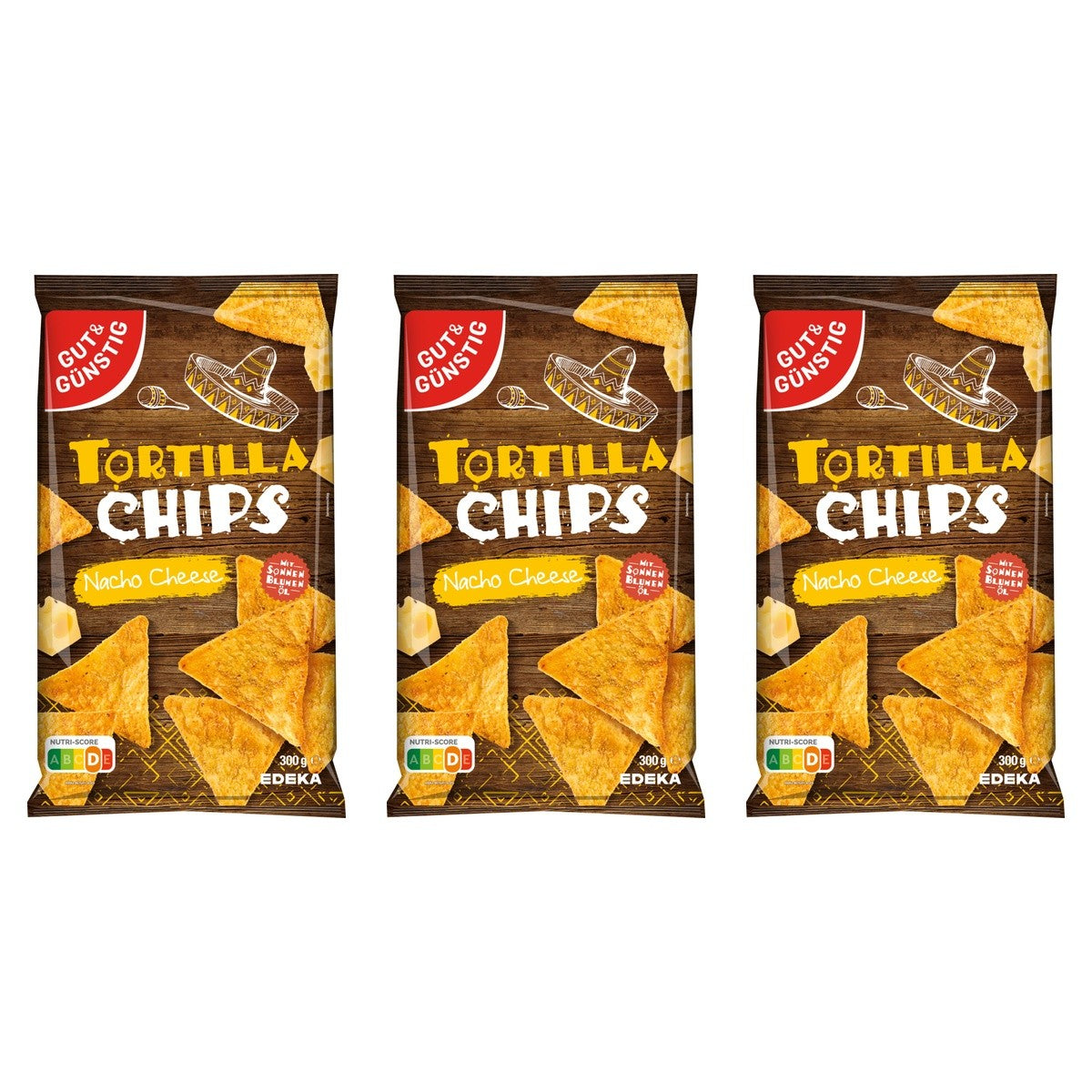 Gut&Günstig Tortillachips Nacho Cheese – 3 x 300 g (900 g)