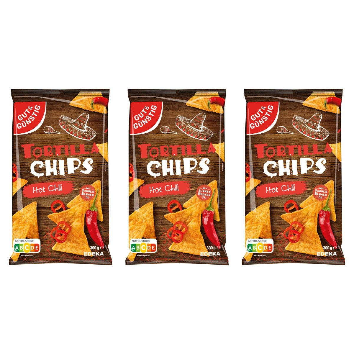 Gut&Günstig Tortilla Chips Hot Chili – 3 x 300 g (900 g)