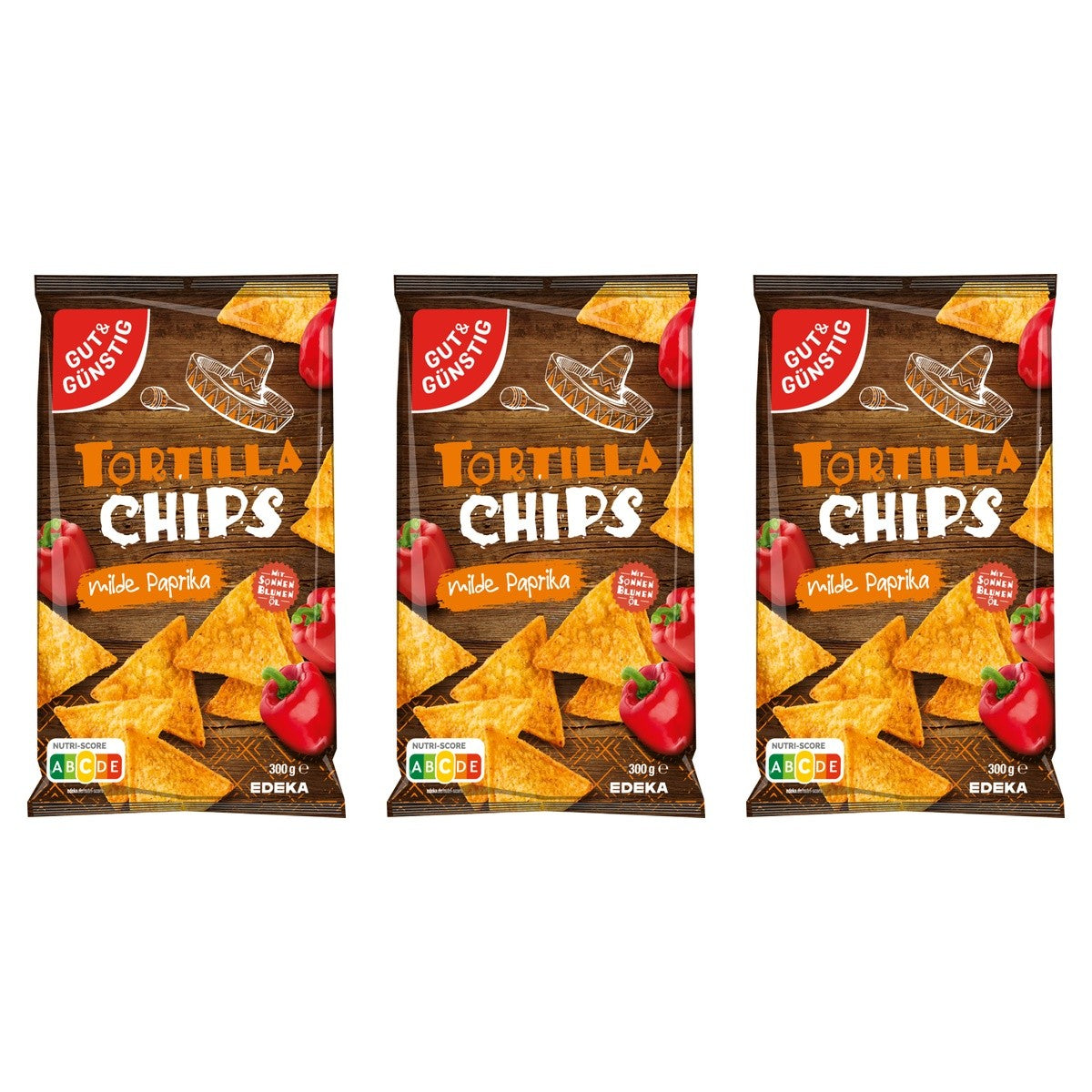 Gut&Günstig Tortilla Chips mit Paprikageschmack – 3 x 300 g (900 g)