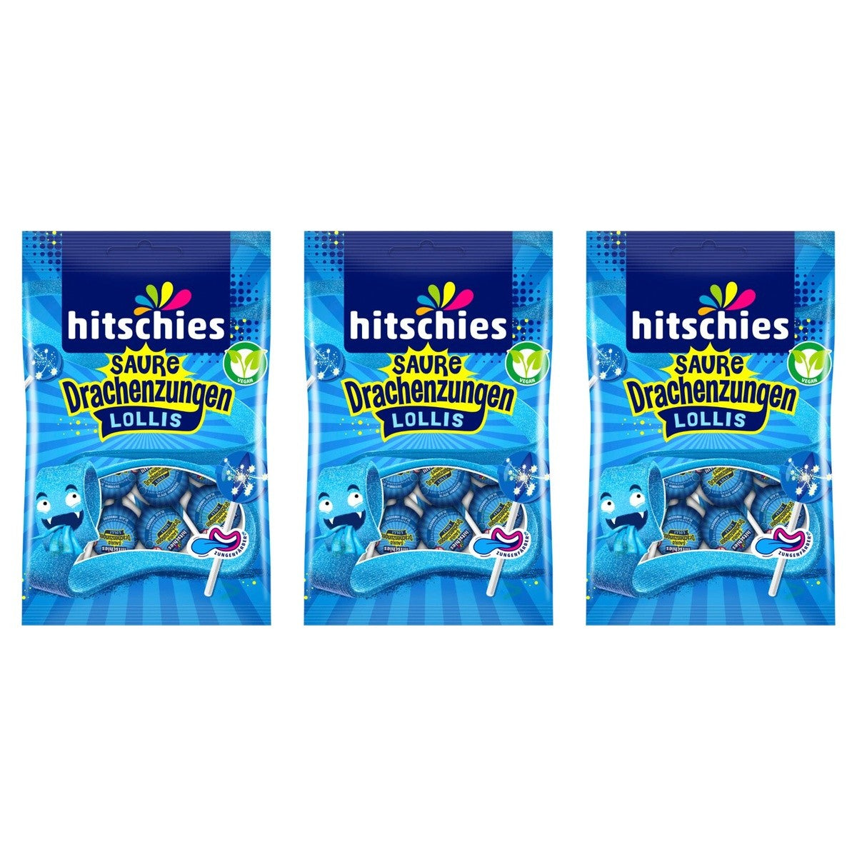 Hitschies Saure Drachenzungen Lollis blau 8ST – 3 x 128 g (384 g)