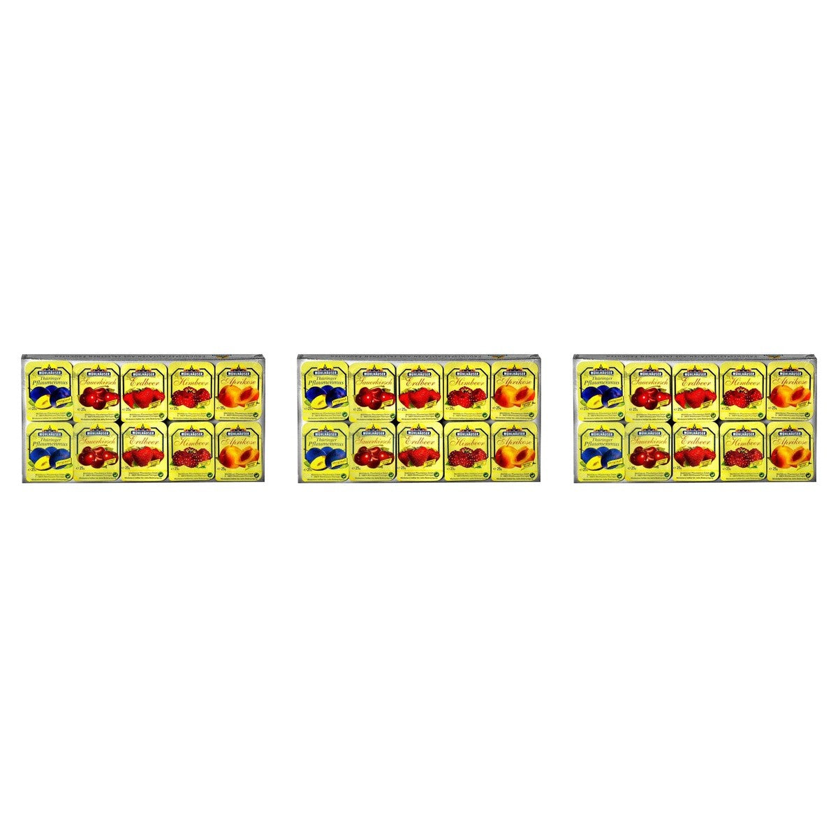 Mühlhäuser Pflaumenmus, Erdbeere, Sauerkirsch, Aprikose, Pfirsich-Maracuja Konfitüre Extra 5-fach 10x25g – 3 x 250 g (750 g)