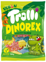 Produktbild anzeigen: Trolli 4er Vegane Fruchtgummi Mischung Set – Sour Strawbies, Dino Rex, Apfelgarten & Bizzl Mix (4x150g)