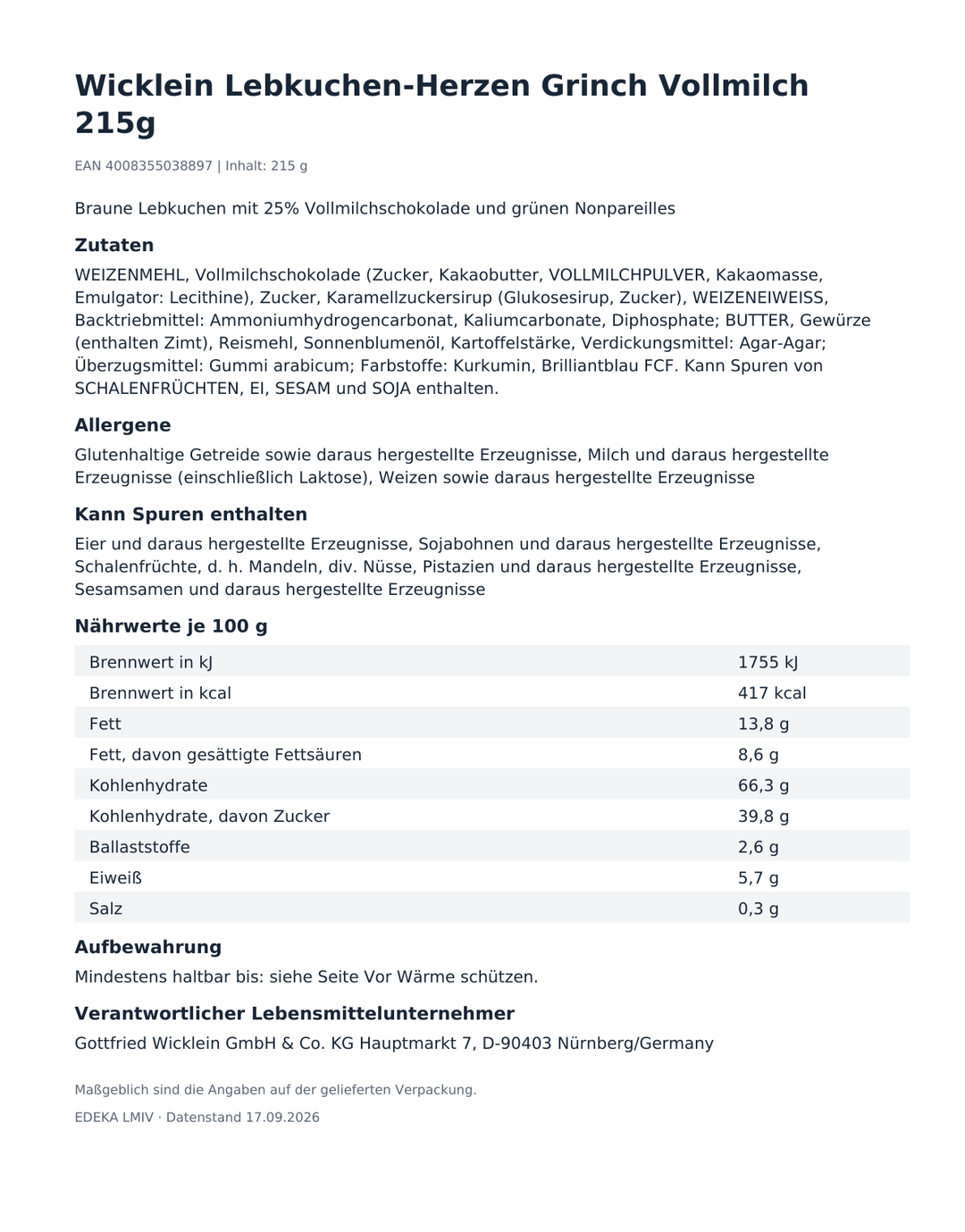 Wicklein Lebkuchen-Herzen Grinch Vollmilch 215g – Produktinformationen, Zutaten und Hinweise