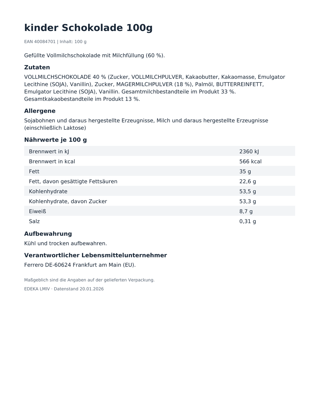 kinder Schokolade 100g – Produktinformationen, Zutaten und Hinweise