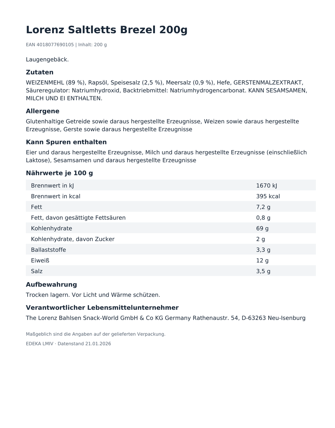 Lorenz Saltletts Brezel 200g – Produktinformationen, Zutaten und Hinweise