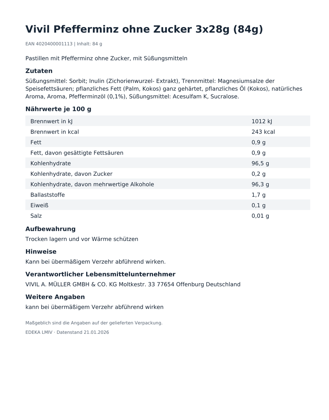 Vivil Pfefferminz ohne Zucker 3x28g (84g) – Produktinformationen, Zutaten und Hinweise