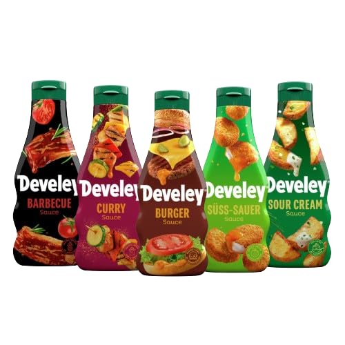 Develey Saucen-Set 5x250 ml Squeeze-Flaschen im Bundle – Bundle bestehend aus Barbecue, Curry, Burger, Süß-Sauer & Sour Cream Saucen (5x250ml))
