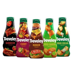 Develey Saucen-Set 5x250 ml Squeeze-Flaschen im Bundle – Bundle bestehend aus Barbecue, Curry, Burger, Süß-Sauer & Sour Cream Saucen (5x250ml))