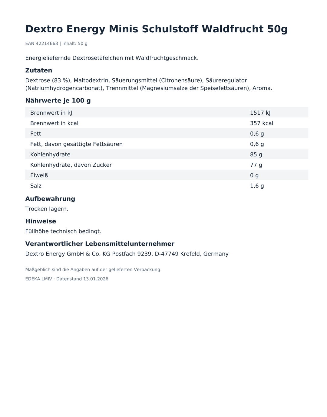 Dextro Energy Minis Schulstoff Waldfrucht 50g – Produktinformationen, Zutaten und Hinweise