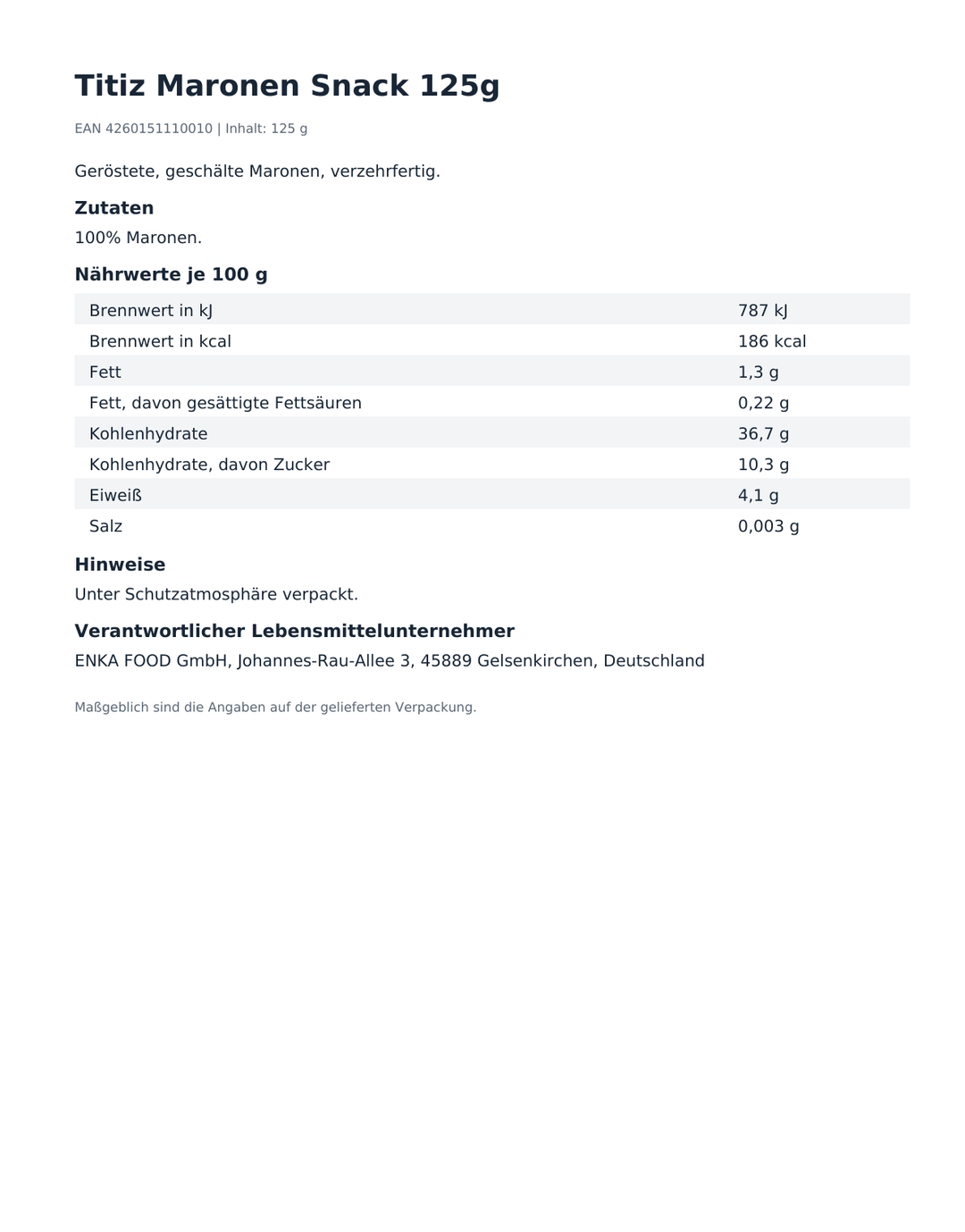 Titiz Maronen Snack 125g – Produktinformationen, Zutaten und Hinweise