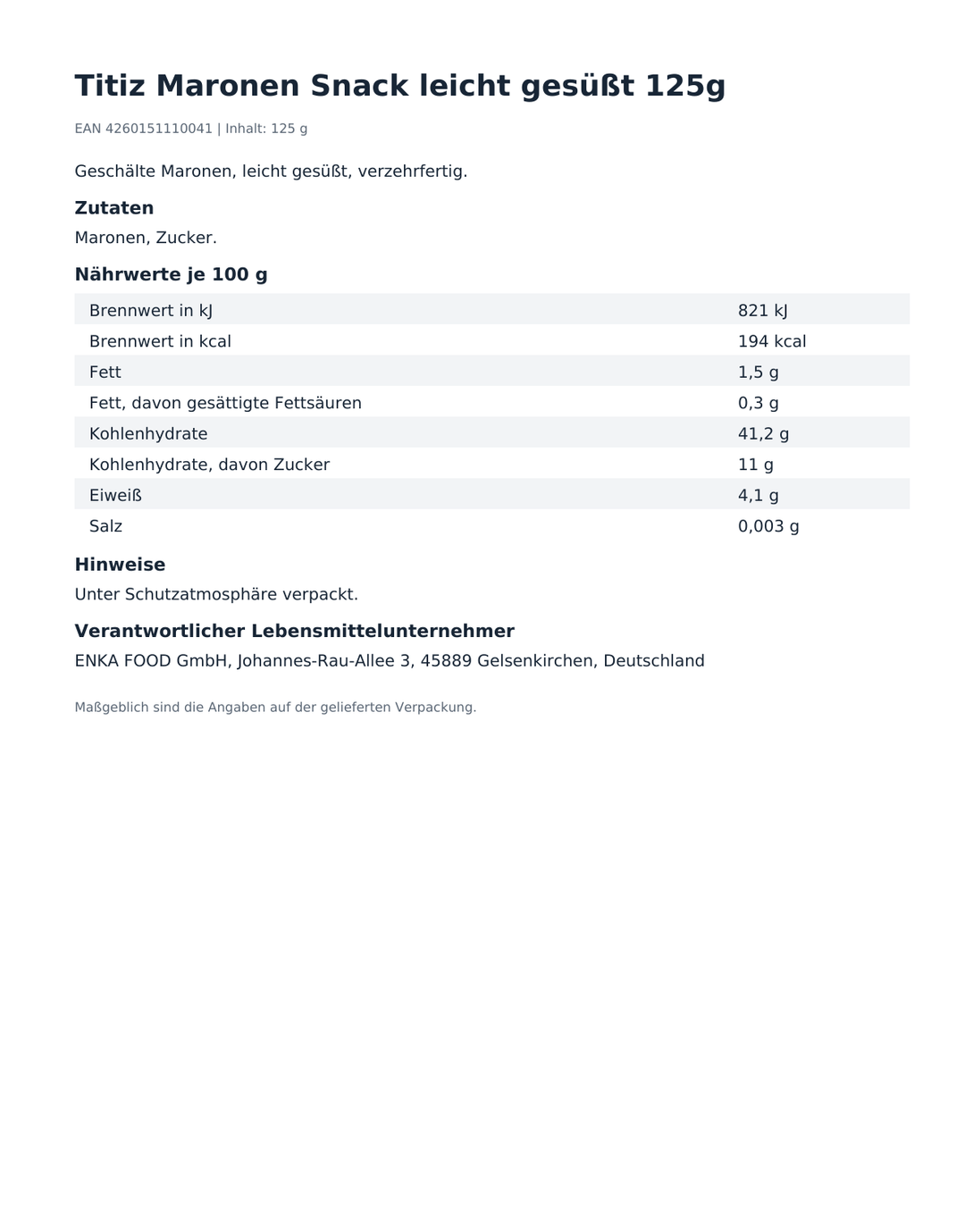 Titiz Maronen Snack leicht gesüßt 125g – Produktinformationen, Zutaten und Hinweise