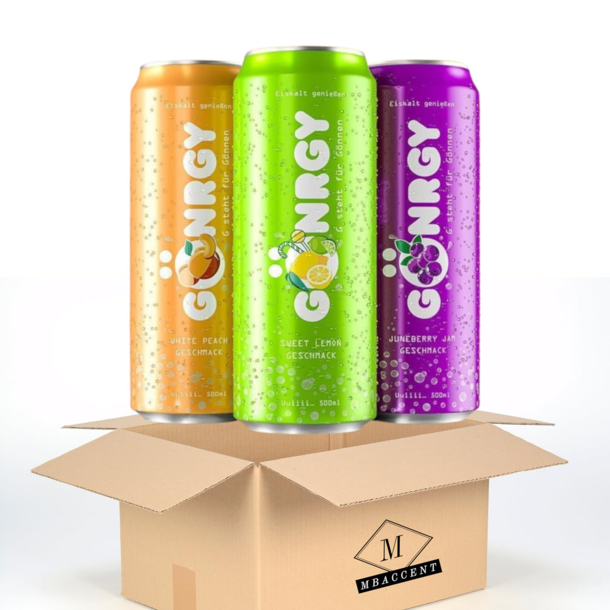 Gönrgy Set Getränk Alle Neuen Sorten Limited Edition By Monte Gönergy Juneberry Jam White Peach Sweet Lemon 3x 500ml Einweg + Sparbude Versandschutzpackung