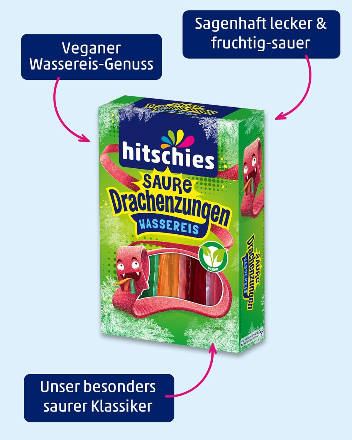 hitschies Saure Drachenzungen Wassereis - Fruchtig-saures Wassereis - Erdbeere, Apfel, Pfirsich & Kirsche - Ideal im Sommer - Vegan - 24 x 400ml