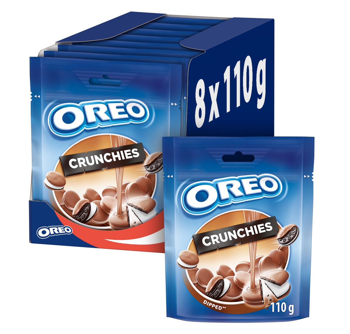 8x OREO Crunchies Dipped – Knusprige Mini-Kakaokekse mit Crèmefüllung mit Vanillegeschmack, umhüllt von zarter Milchschokolade (8x110g)