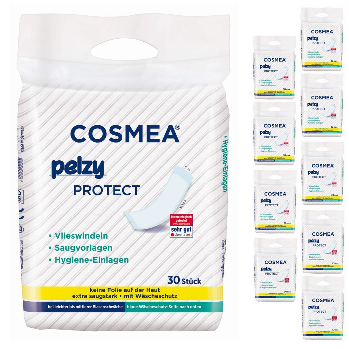 Cosmea Pelzy Protect Vlieswindeln/Saugvorlagen, für Wöchnerrinnen, für die tägliche Pflege, extra saugstark, Vorteilspack (10 x 30 Stück) Inkontinenz & Wochenbetteinlagen