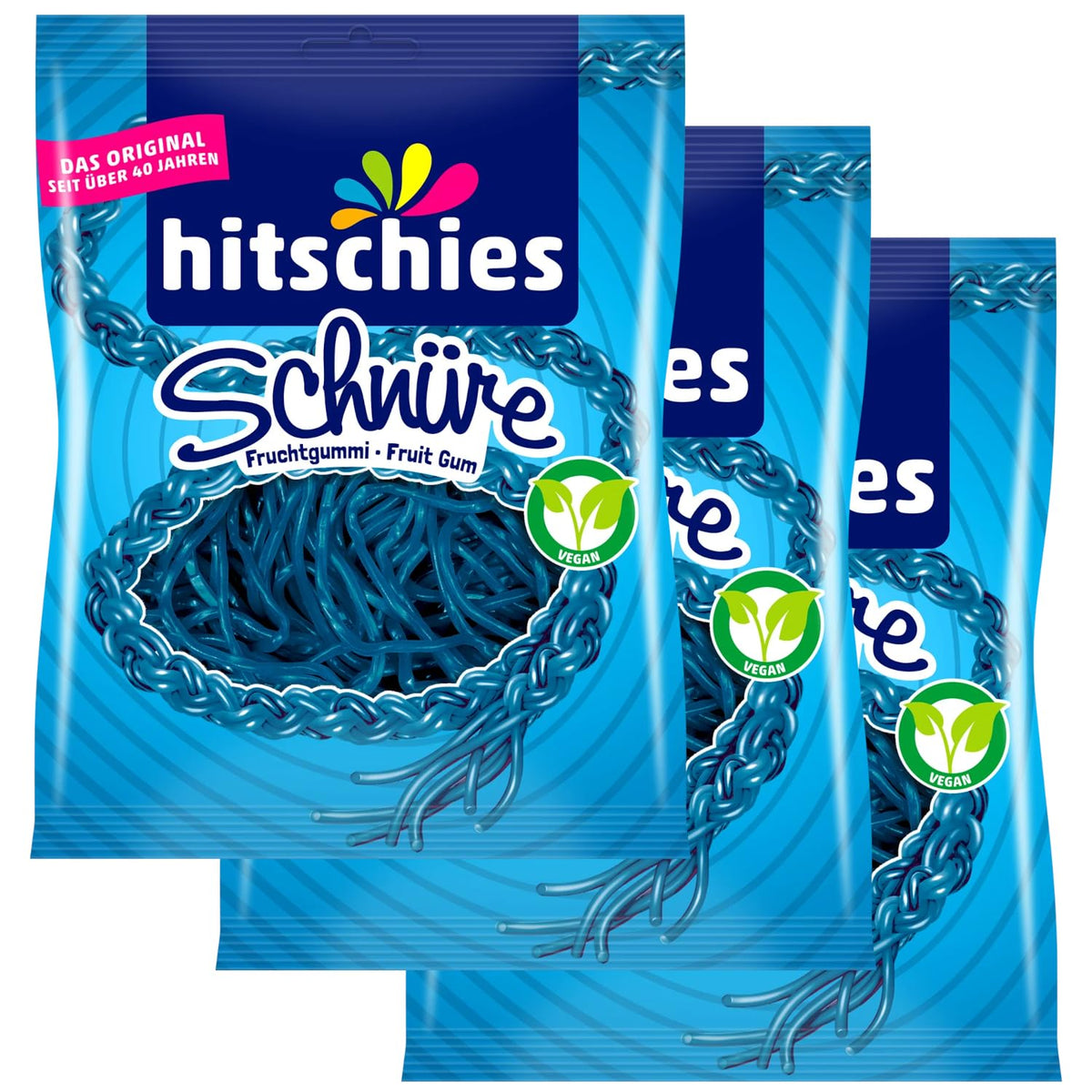 3x Hitschies Schnüre Blau - Himbeer - 3x125g (375g)