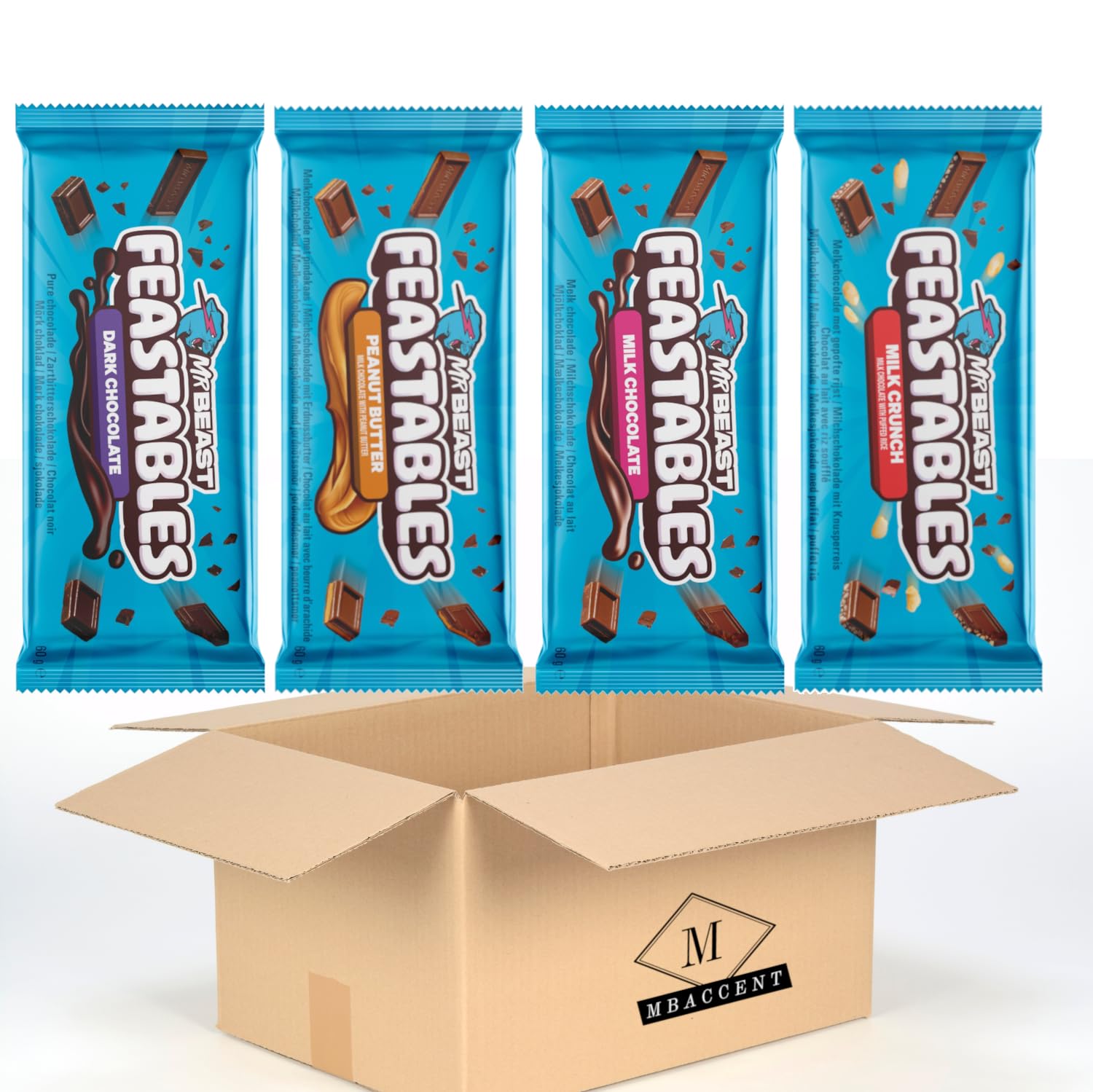 Feastables Mr Beast Neue Sorten Set Milk Chocolate Dark Chocolate Milk Crunch Peanut Butter 4 Stück (4x60g) (240g)