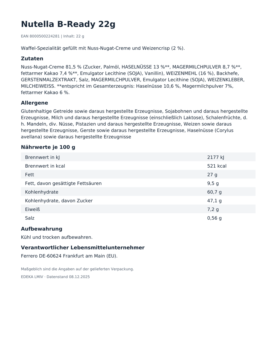 Nutella B-Ready 22g – Produktinformationen, Zutaten und Hinweise