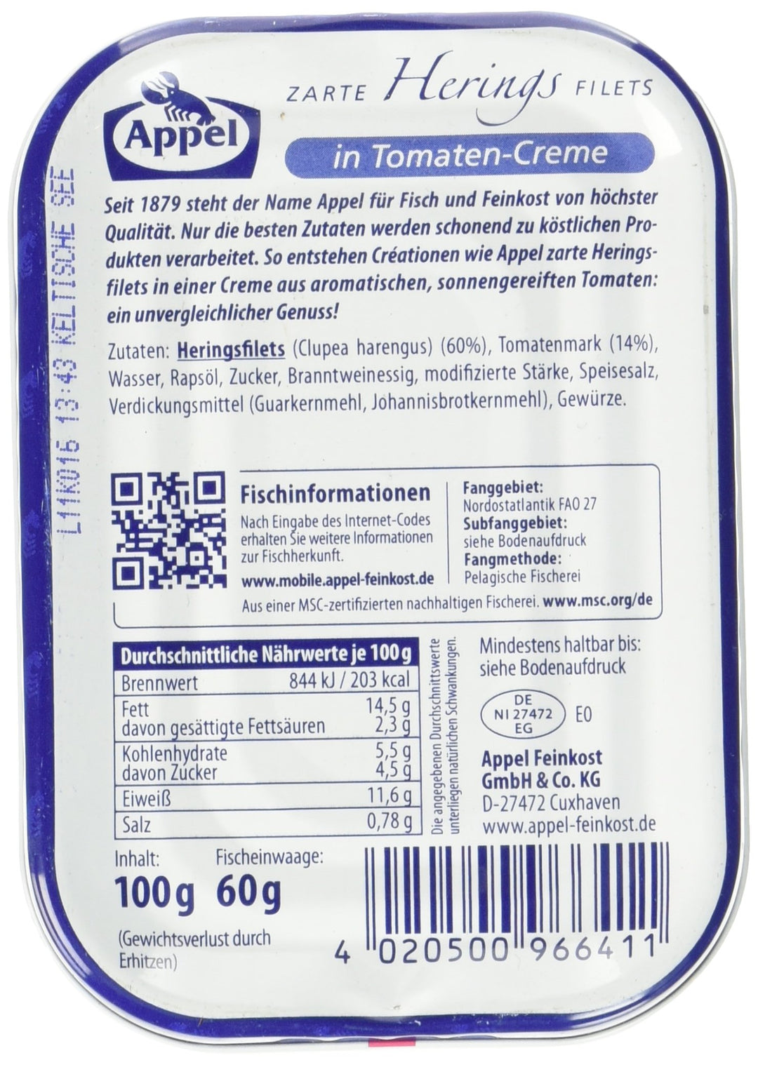 Appel Heringsfilets, zarte Fisch-Filets in Tomaten-Creme, MSC zertifiziert, 100g