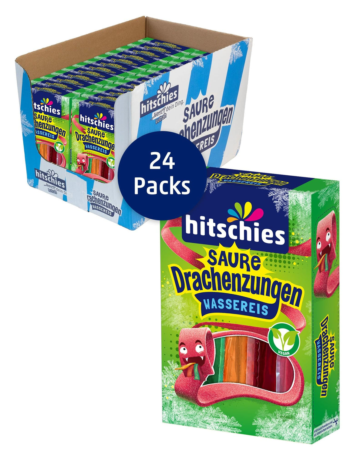 hitschies Saure Drachenzungen Wassereis - Fruchtig-saures Wassereis - Erdbeere, Apfel, Pfirsich & Kirsche - Ideal im Sommer - Vegan - 24 x 400ml