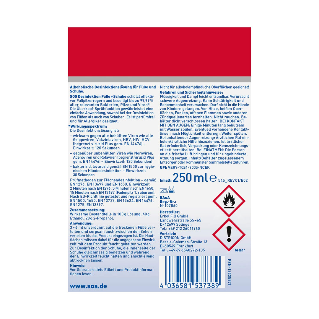 SOS Desinfektion Füße + Schuhe (1x 250ml) - schützt effektiv vor Fußpilzerregern - beseitigt zu 99,99% Bakterien, Pilze & Viren - Desinfektion von Füßen & Schuhen – parfümfrei & Allergiker geeignet