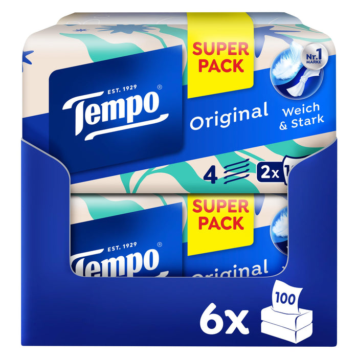 Tempo Original Taschentücher Duo-Box - Vorteilspack - 12 Boxen, 100 Tücher pro Box - extra starke, weiche Papiertaschentücher, waschmaschinenfest
