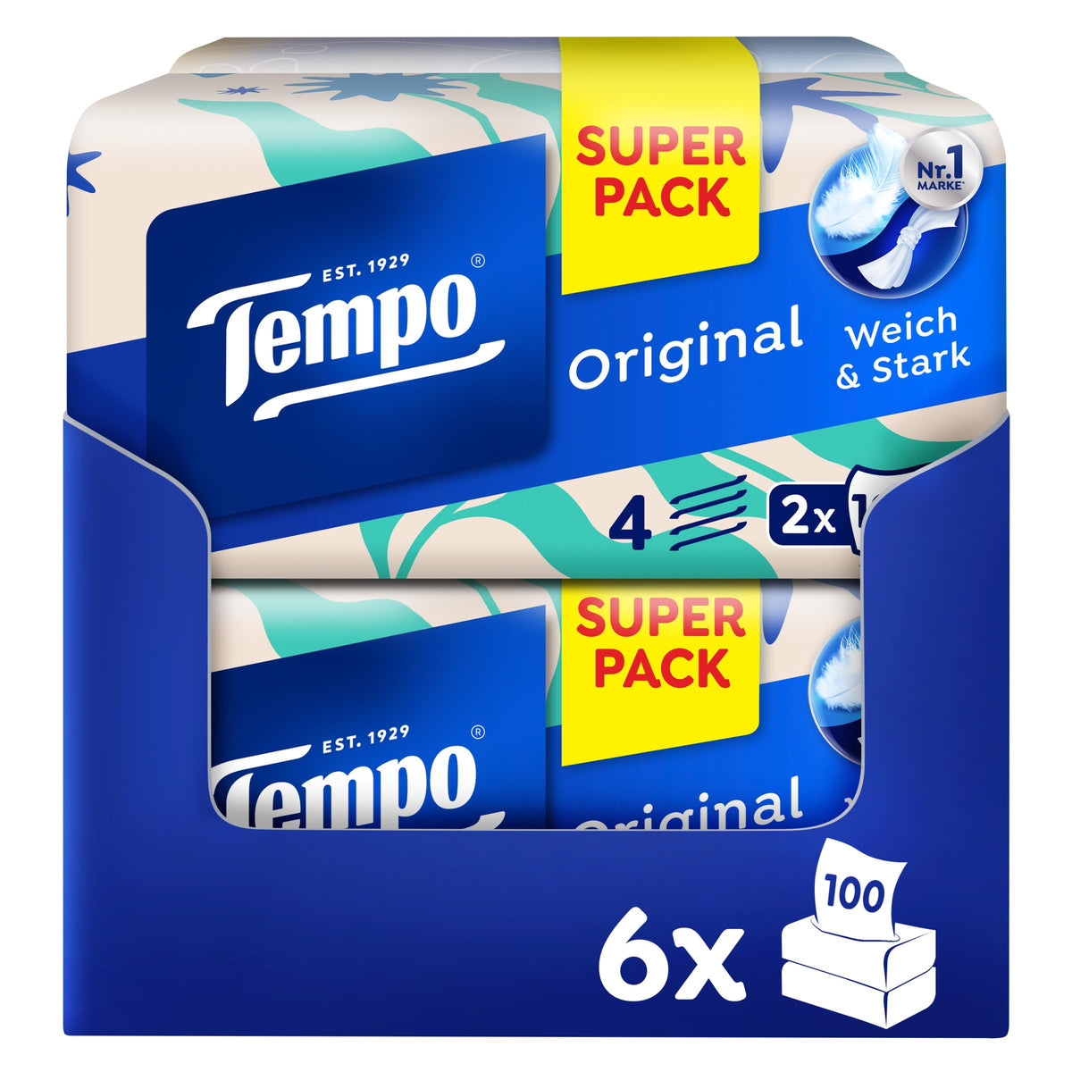 Tempo Original Taschentücher Duo-Box - Vorteilspack - 12 Boxen, 100 Tücher pro Box - extra starke, weiche Papiertaschentücher, waschmaschinenfest