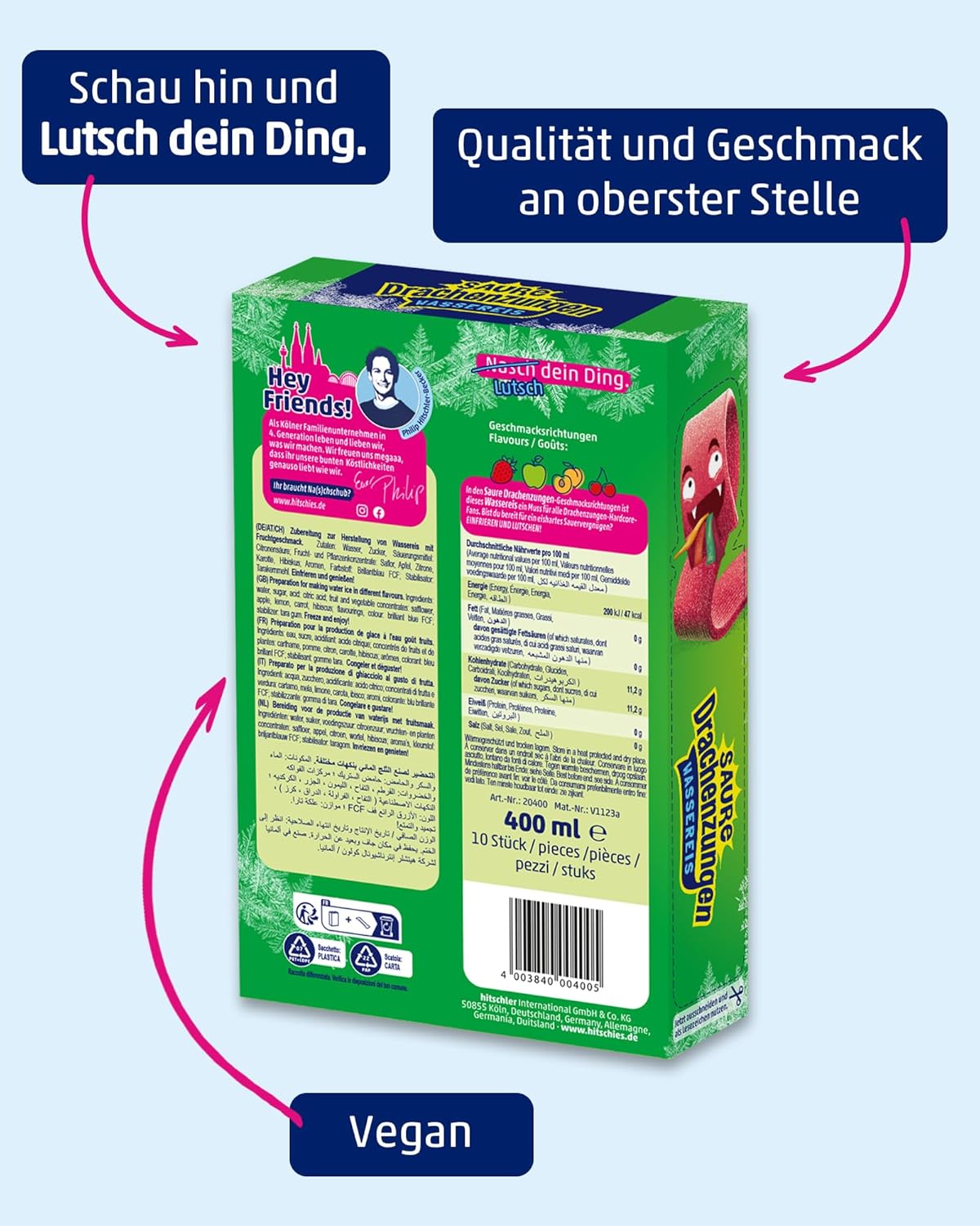 hitschies Saure Drachenzungen Wassereis - Fruchtig-saures Wassereis - Erdbeere, Apfel, Pfirsich & Kirsche - Ideal im Sommer - Vegan - 24 x 400ml