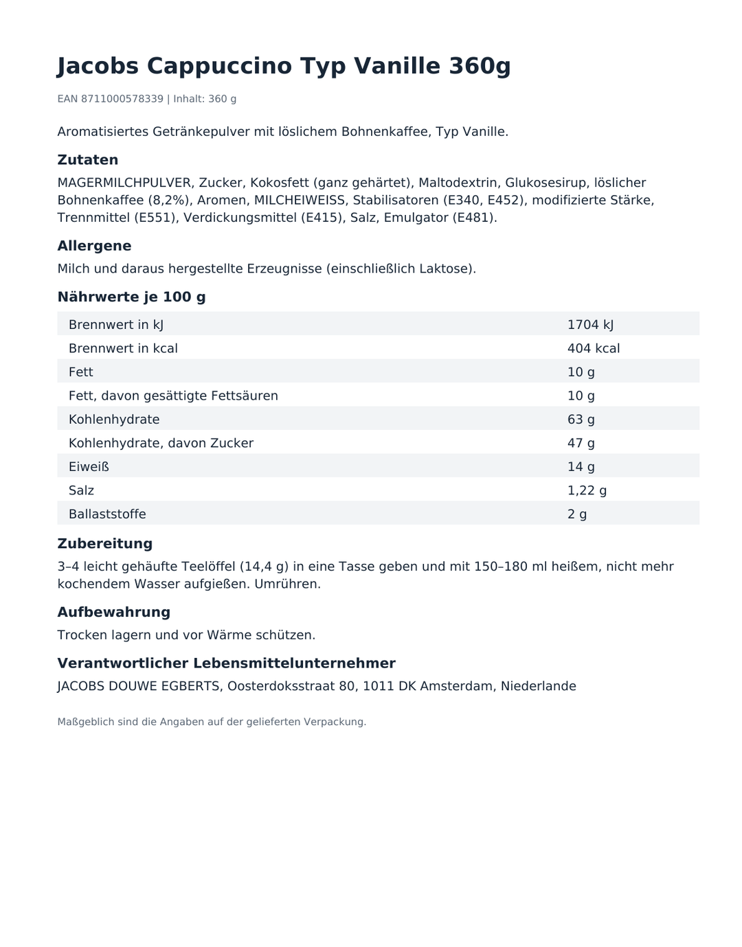 Jacobs Cappuccino Typ Vanille 360g – Produktinformationen, Zutaten und Hinweise