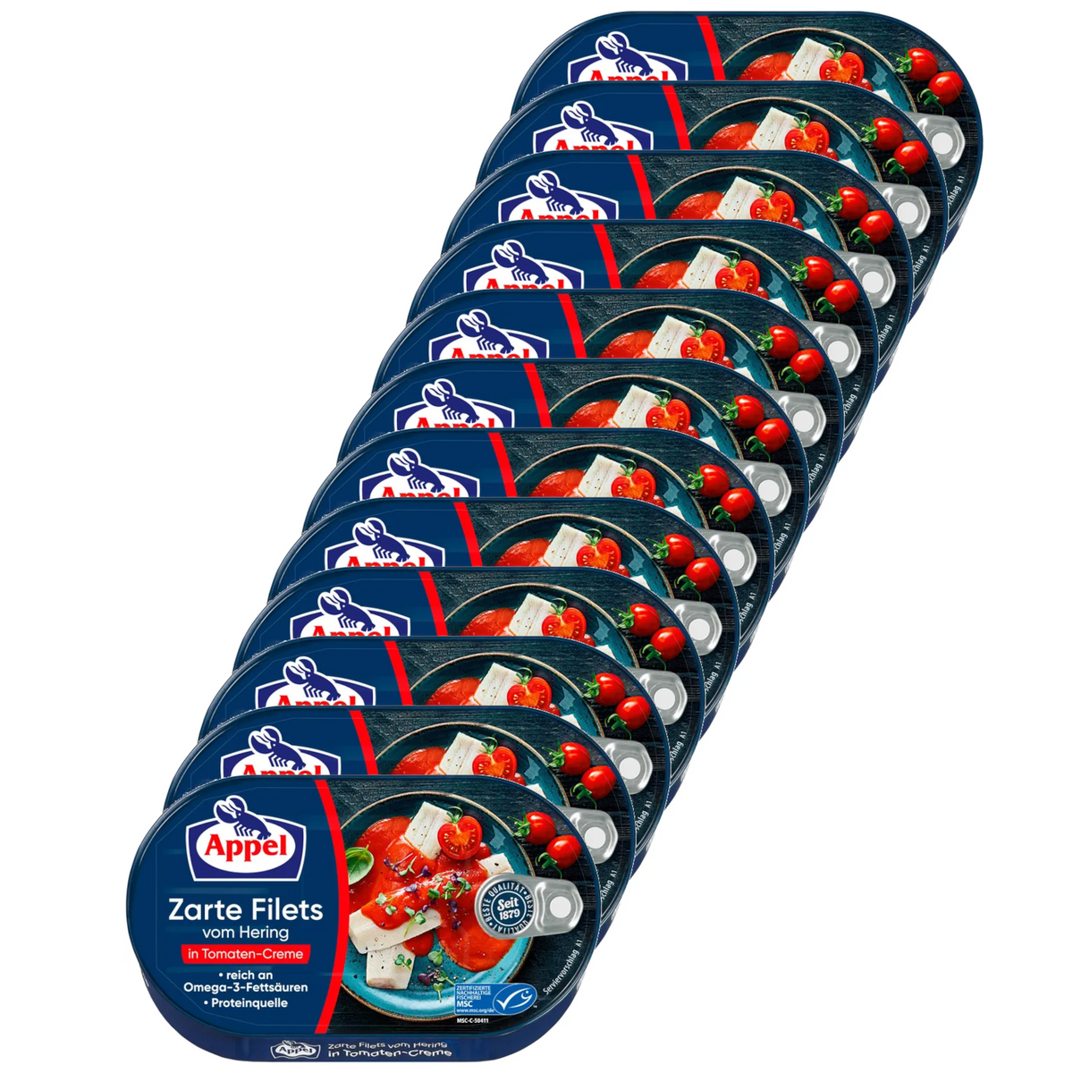 12x Appel Heringsfilets, zarte Fisch-Filets in Tomaten-Creme, MSC zertifiziert (12x100g)