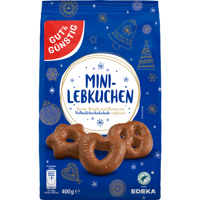 GUT&GÜNSTIG Mini Schokoladen Lebkuchen Herzen Sterne Brezel Vollmilch 400g