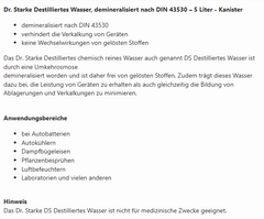 Dr. Starke Destilliertes Wasser, demineralisiert nach DIN 43530 – 5 Liter - Kanister
