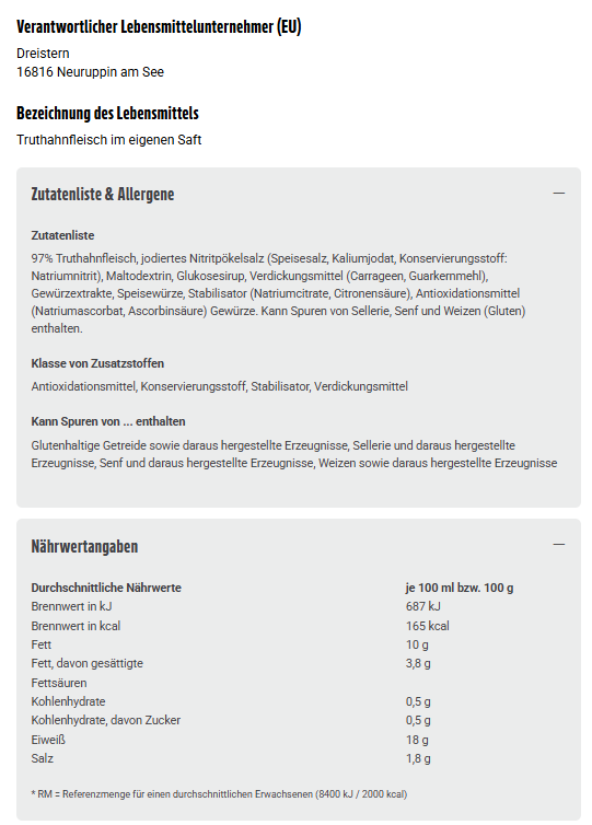 Dreistern Truthahnfleisch im eigenen Saft 300g