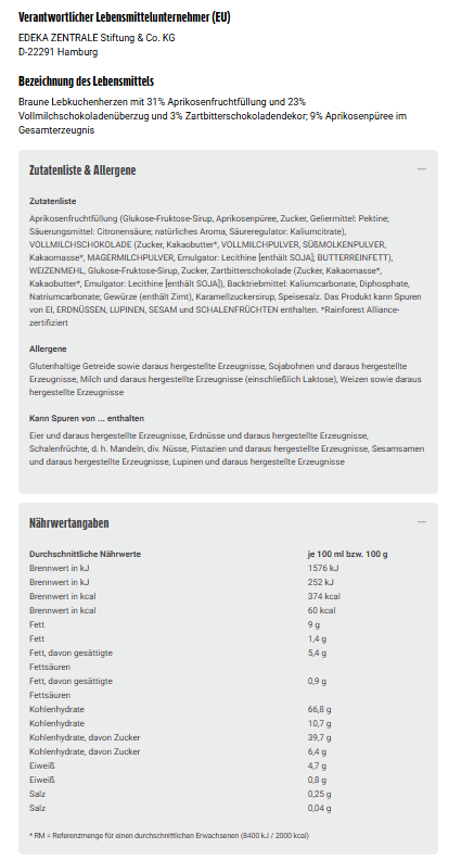 EDEKA Herzstücke Lebkuchen Herzen gefüllt Vollmilch 150g
