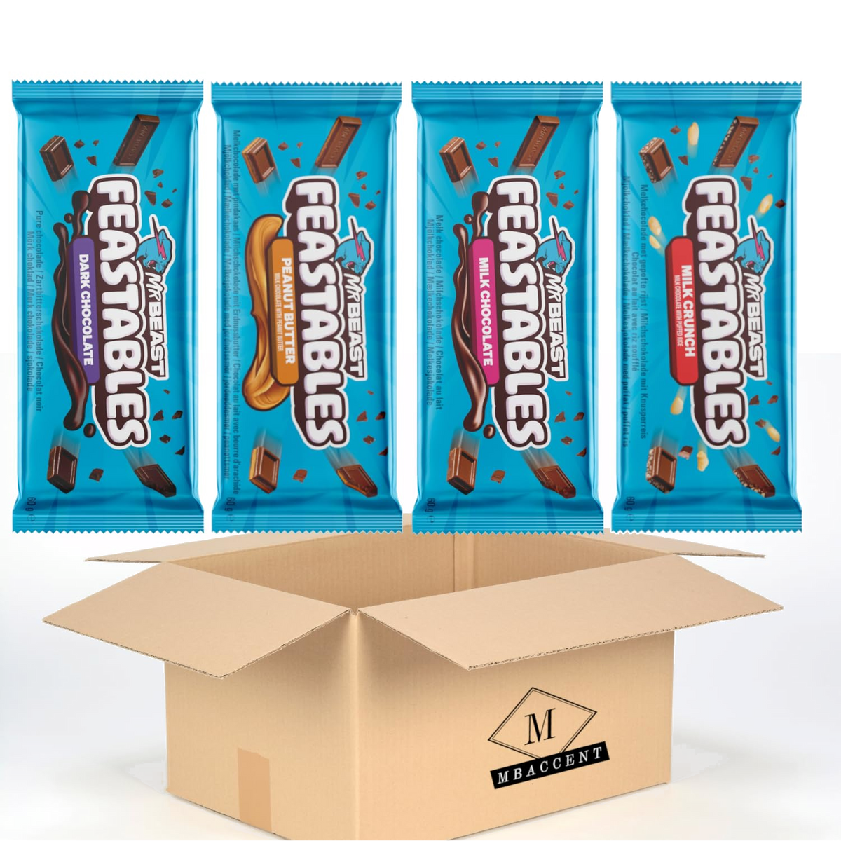 Feastables Mr Beast Neue Sorten Set Milk Chocolate Dark Chocolate Milk Crunch Peanut Butter 4 Stück (4x60g) (240g)