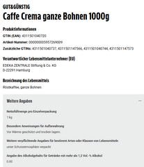 4x GUT&GÜNSTIG Caffe Crema ganze Bohnen 1000g (4x1kg)