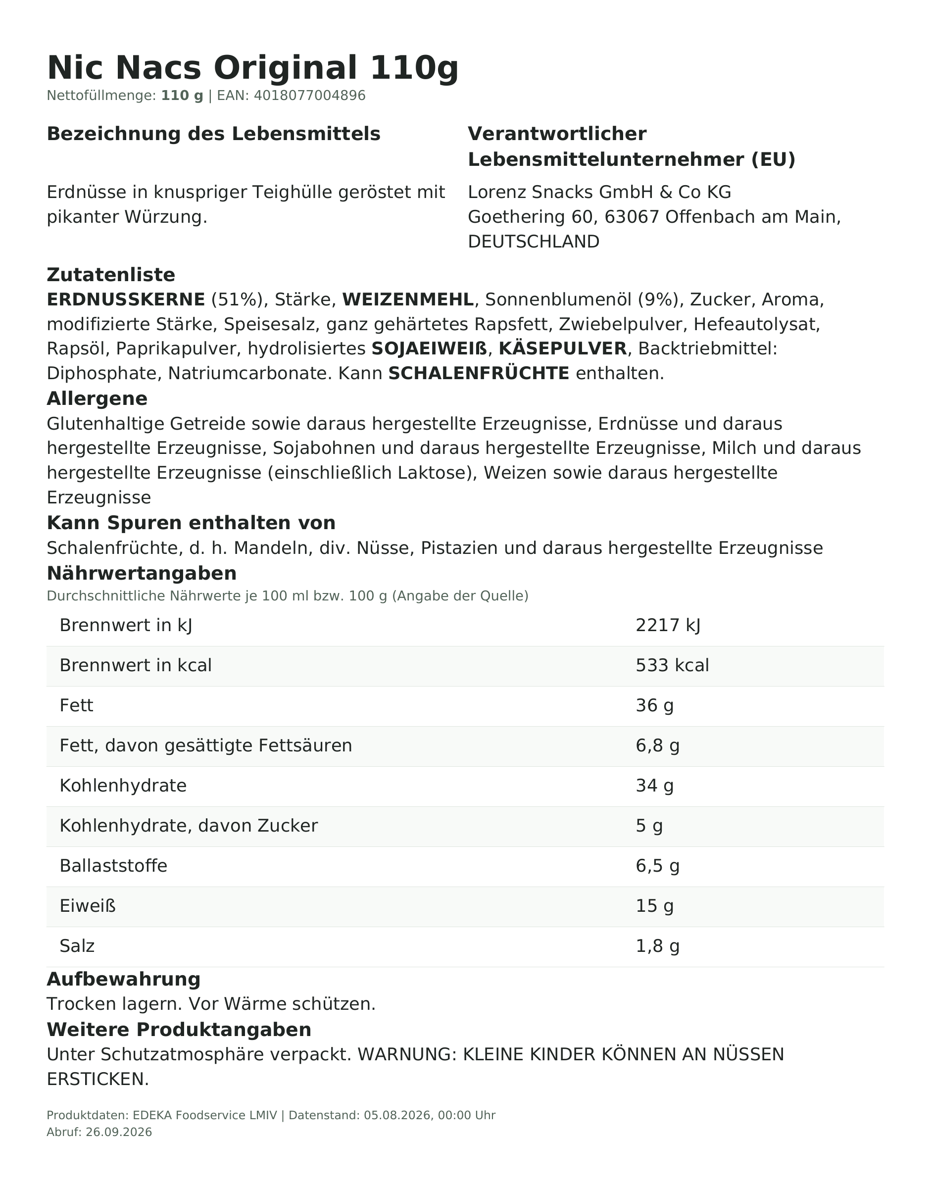 Lebensmittelinformationen: Nic Nac's Original 110g