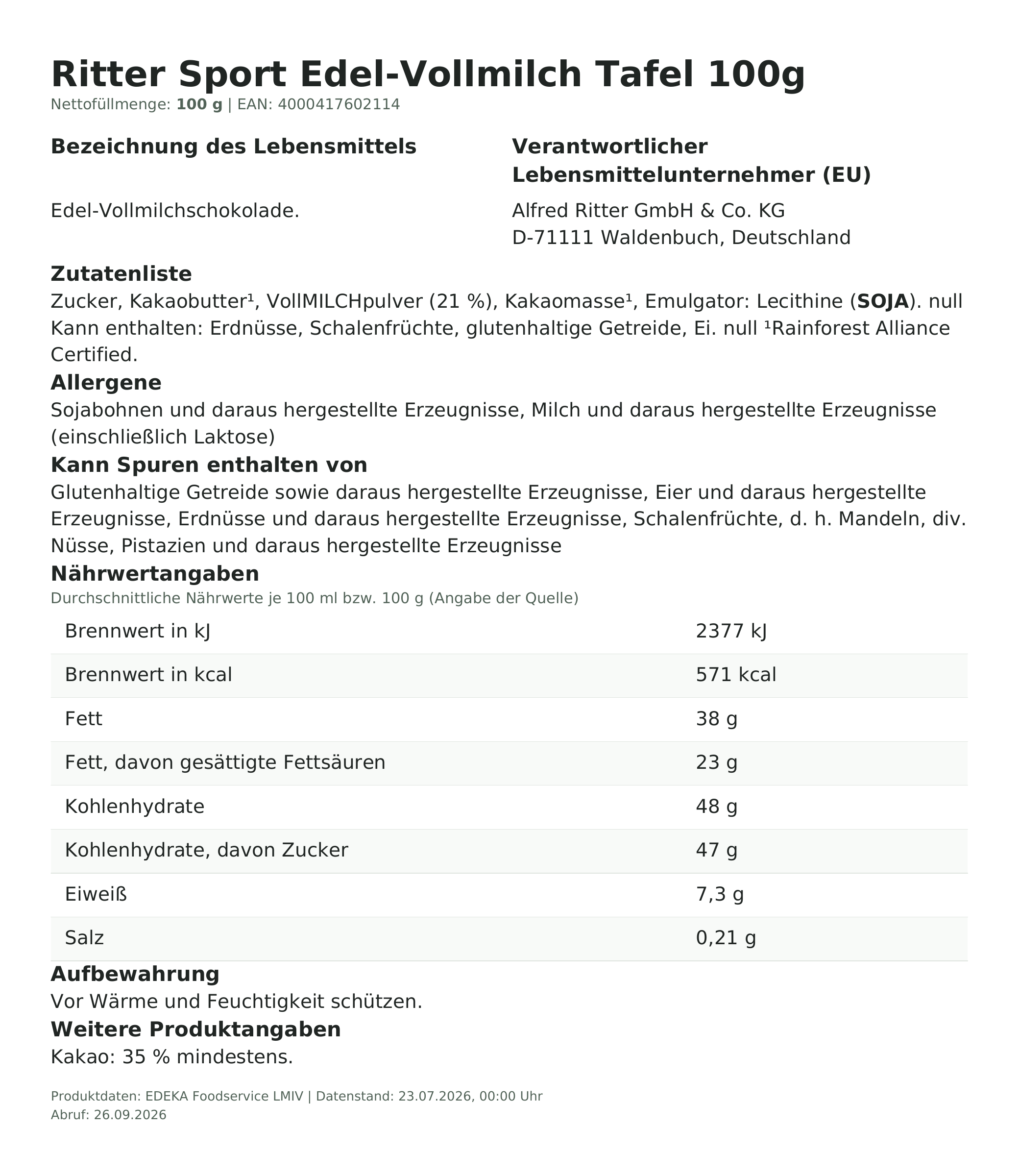 Lebensmittelinformationen: Ritter Sport 100g Edel Vollmilch 35% 100g