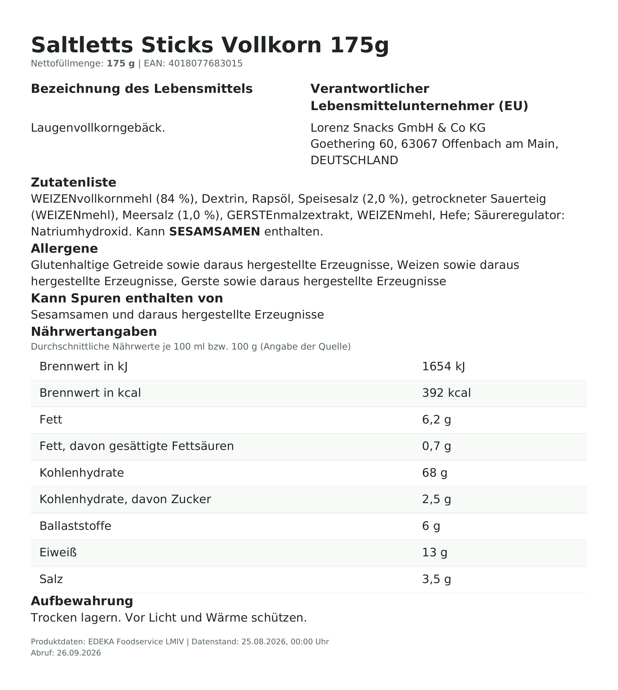 Produktinformationen – Saltletts Sticks Vollkorn 175g