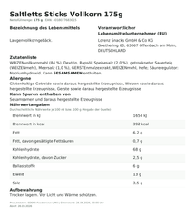Produktinformationen – Saltletts Sticks Vollkorn 175g